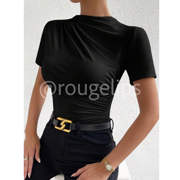 Ruched Black Asymmetrical Short Sleeve Bodysuit  Stretchy - Picture 5 of 10